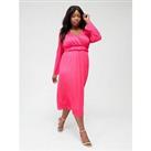 V By Very Curve Wrap Plisse Midi Dress - Pink