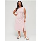 V By Very Curve Ruched Waist Sleeveless Stripe Midi Jersey Dress - Pink