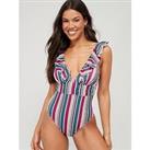 V By Very Shape Enhancing Frill Stripe Swimsuit - Multi