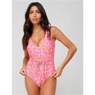 V By Very Plunge Tie Waist Detail Swimsuit - Pink