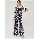 V By Very Plisse Puff Sleeve Wide Leg Jumpsuit - Mono