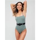 V By Very Shape Enhancing Bandeau Detachable Strap Belted Swimsuit - Green
