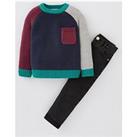 Mini V By Very Boys Colour Block Knitted Jumper And Jeans - Multi
