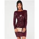 V By Very Long Sleeve Twist Front Sequin Mini Dress - Burgundy