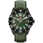 Swiss Military Black Genuine Leather Strap Buckle Watch With Green Dial