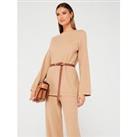 Fig & Basil Long Sleeve Belted Knitted Rib Co-Ord Top - Beige