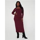 V By Very Curve Scoop Neck Fitted Rib Long Sleeve Midi Dress - Red