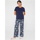 V By Very Cotton Top And Satin Wide Leg Trousers Pj Set