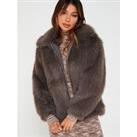 V By Very Faux Fur Jacket With Collar Grey