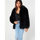 V By Very Faux Fur Jacket With Collar - Black