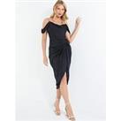 Quiz Satin Ruched Midi Dress With Cold Shoulder And Chain Strap Detail - Black