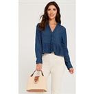 Lucy Mecklenburgh X V By Very Button Through Frill Hem Denim Blouse - Mid Blue