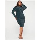 Ax Paris Curve Teal Glitter Long Sleeve Ruched Bodycon Dress - Blue