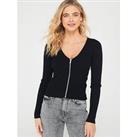 Everyday Zip Front V Neck Knitted Cardigan - Black