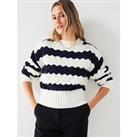 V By Very Crew Neck Stripe Cropped Knitted Jumper - Navy And Ivory