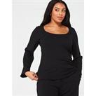V By Very Curve Scoop Neck Flared Sleeve Rib Top - Black