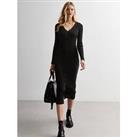 New Look Black Ribbed Knit Button Front Midi Dress