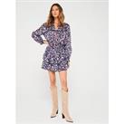 Mango Floral Print V-Neck Puffed Sleeves Dress - Purple