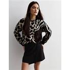 New Look Brown Fluffy Animal Print Patchwork Jumper
