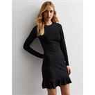 New Look Black Crinkle Jersey Long Sleeve Frill Hem Mini Dress