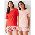 Everyday 2 Pack Floral Print Short Pyjama Set - Red/Pink