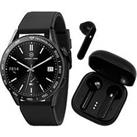 Harry Lime Series 27 Black Silicone Strap Smart Watch With Black True Wireless Earphone In Charging 