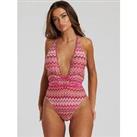 South Beach Pink Crochet Halter Wrap Around Swimsuit With Embellishment