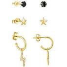 The Love Silver Collection 18Ct Gold Plated Cz Lightning Bolt Hoop, Star Stud And 3Mm Black Stud Ear