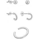 The Love Silver Collection Sterling Silver Stud Hoops, 3Mm Ball Studs And Cuff Set Of Earrings
