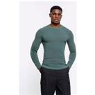 River Island Long Sleeve Muscle Fit Baby Rib Crew Jumper - Green