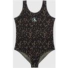 Calvin Klein Girls Print Swimsuit - Ck Leopard Olive Aop