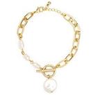 The Love Silver Collection Gold Plated Baroque Pearl T-Bar Link Bracelet