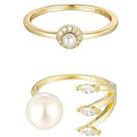 The Love Silver Collection 18Ct Gold Plated Sterling Silver Pearl And Cz Stacking Ring Set