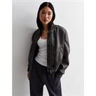 New Look Leather-Look Bomber Jacket - Black Wash