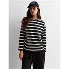 New Look Stripe Ribbed Jersey Button Cuff Top - Print