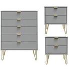 Swift Andie 3 Piece Ready Assembled Package - 5 Drawer Chest And 2 Bedside Chests - Grey