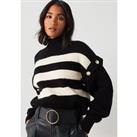 Mango Stripe High Collar Decorative Button Sweater