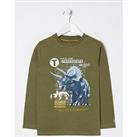 Fatface Boys Triceratops Graphic Long Sleeve T Shirt - Khaki Green