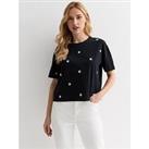 New Look Black Cotton Daisy Embroidered Boxy T-Shirt