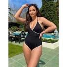 In The Style Jac Jossa Control Stitch Trim Wrap Front Swimsuit - Black/White