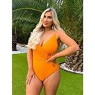 In The Style Hannah Brown Crinkle Wrap Front Swimsuit - Orange