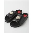 Love Moschino Puffy Crystal Heart Sliders - Black