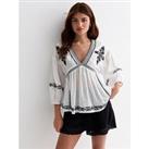 New Look White Cotton Embroidered Floral Puff Sleeve Top