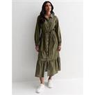 New Look Olive Cotton Flower Broderie Belted Midi Shirt Dress