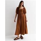 New Look Rust Square Neck Shirred Midi Dress