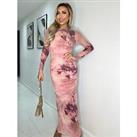 Ax Paris Printed Mesh Overlay Ruched Body Con Maxi Dress - Pink