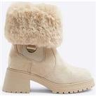 River Island Girls Faux Fur Cuff Heeled Boot - Beige