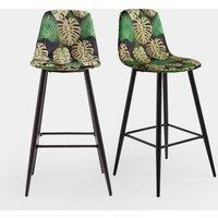 VonHaus Bar Stools Set of 2 - Velvet Black Kitchen Stools with Back Rests - Tropical Palm Leaf Print Breakfast Bar Stools - Modern Upholstered Kitchen