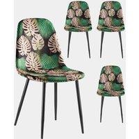 VonHaus Dining Chairs Set of 4 - Tropical Palm Leaf Print Kitchen Chairs with Black Metal Legs - Upholstered Cord Effect Chairs for Dining & Kitchen