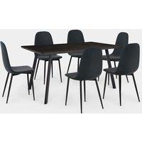VonHaus Dining Table & Chairs Set - 6 Seater Dining Table with Blue Dining Chairs Set - Rectangular Dinner Table with 6 Chairs - Dark Wood Effect